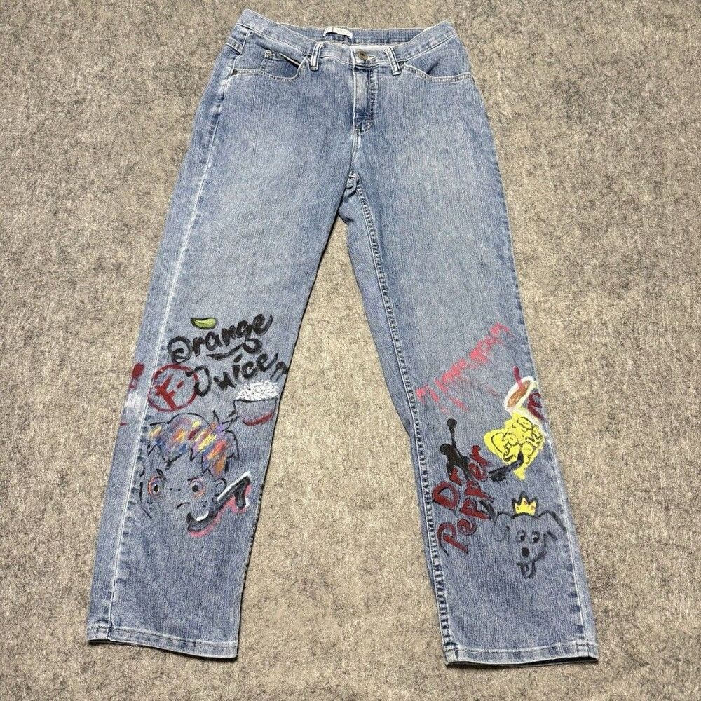 Custom Hand Painted Jeans Riders By Lee Sz 10 Dr Pepper Orange Juice Pop Art Y2K